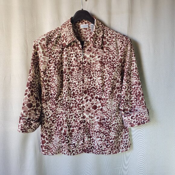 Covington Animal Print Zip Front Blouse Brown Taupe and Cream M (10-12) - Picture 1 of 9